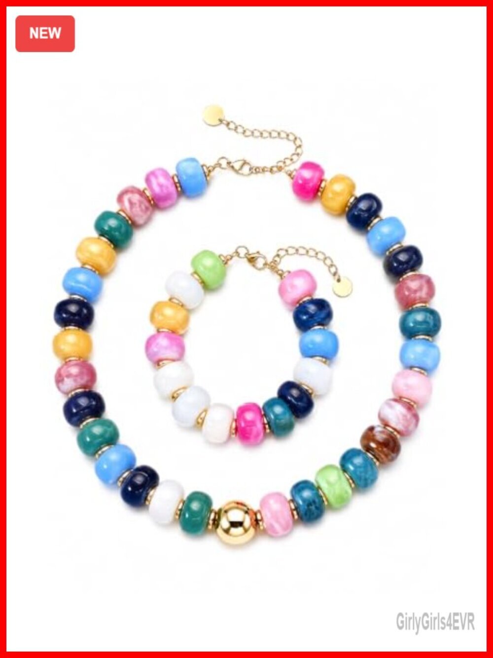 Chunky Beaded Necklace Bracelet Set - Adjustable Resin Bohemian Jewelry